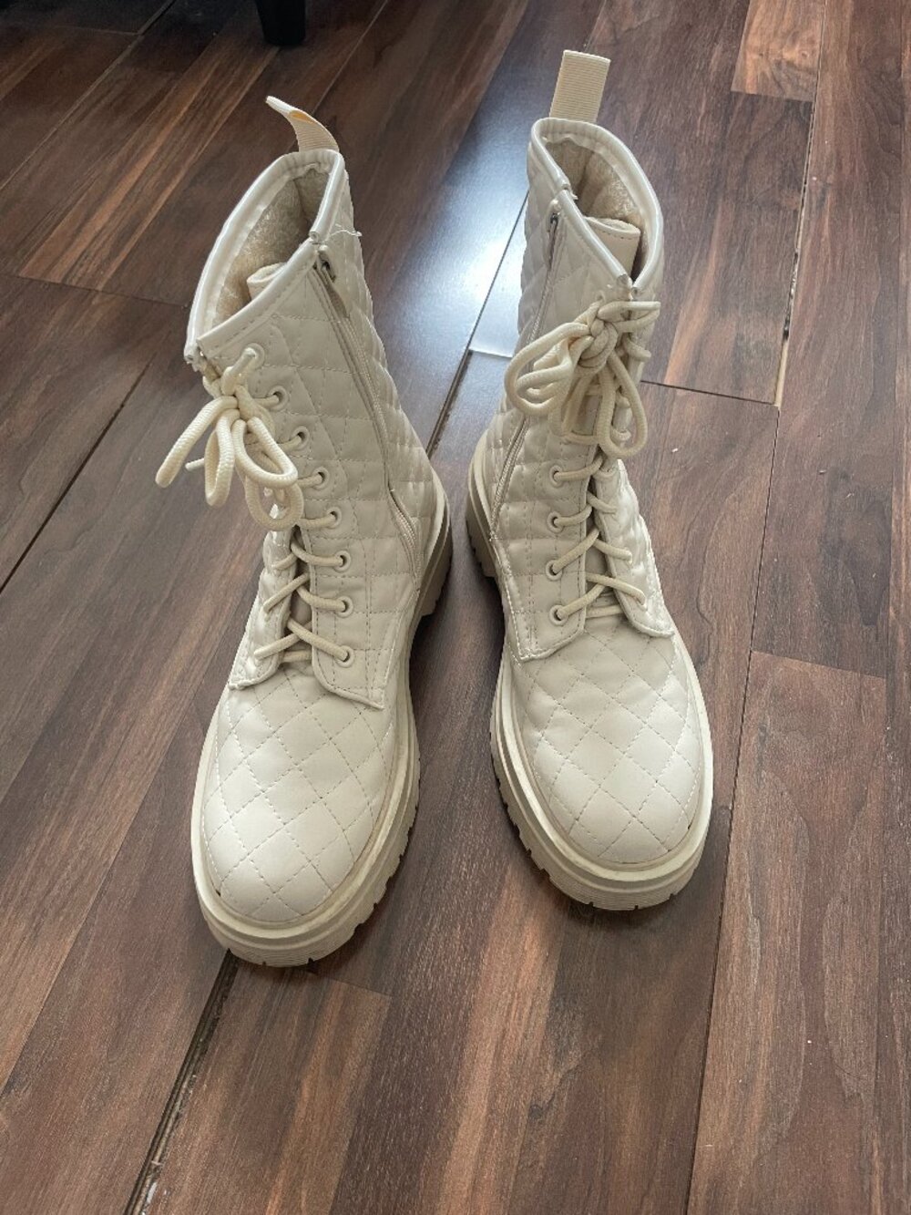 Nude Beige Ecru Quilted Combat Boots with Lace and Zipper